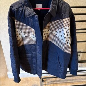 Navy Quilted Jacket with Checkered and Floral Pattern